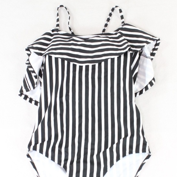 BLACK & WHITE STRIPED RUFFLE ONE PIECE SWIMWEAR M - Picture 6 of 7